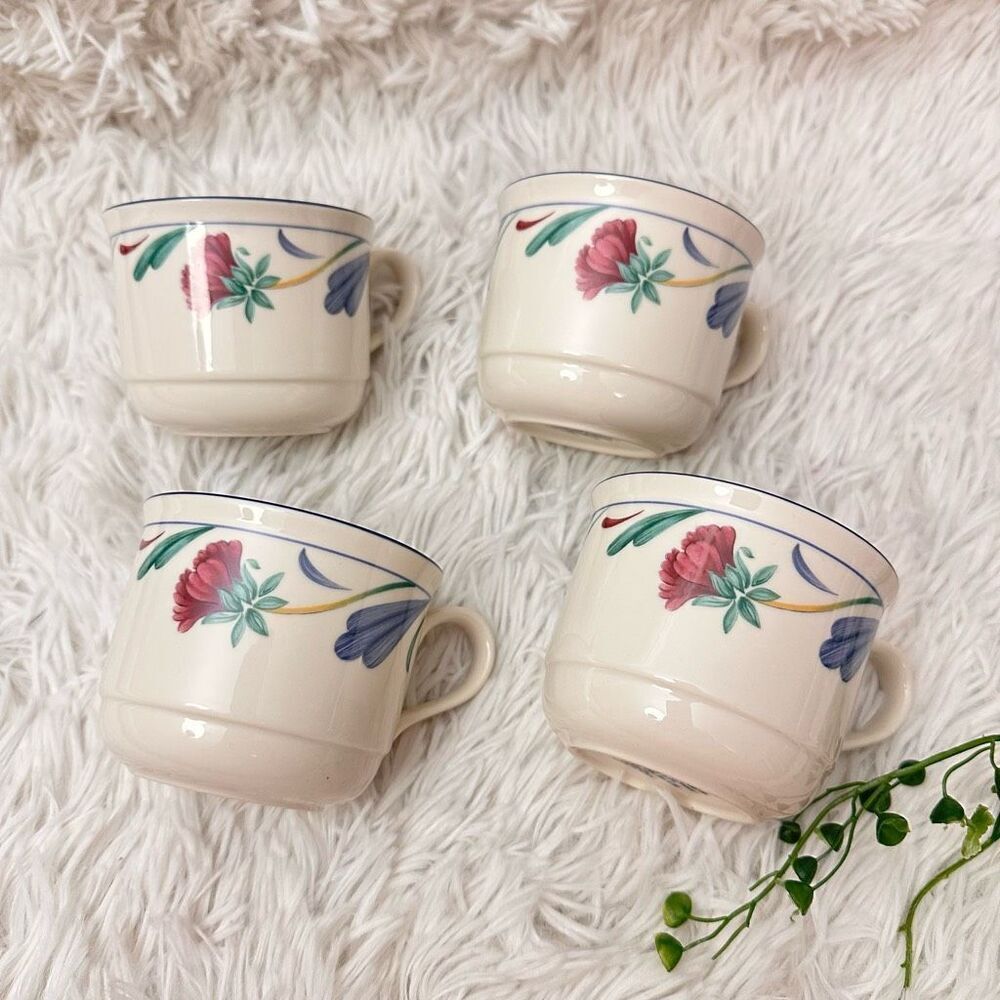 Lenox Poppies on Blue Chinastone 4 Piece Flat Coffee Mugs Vintage USA‎